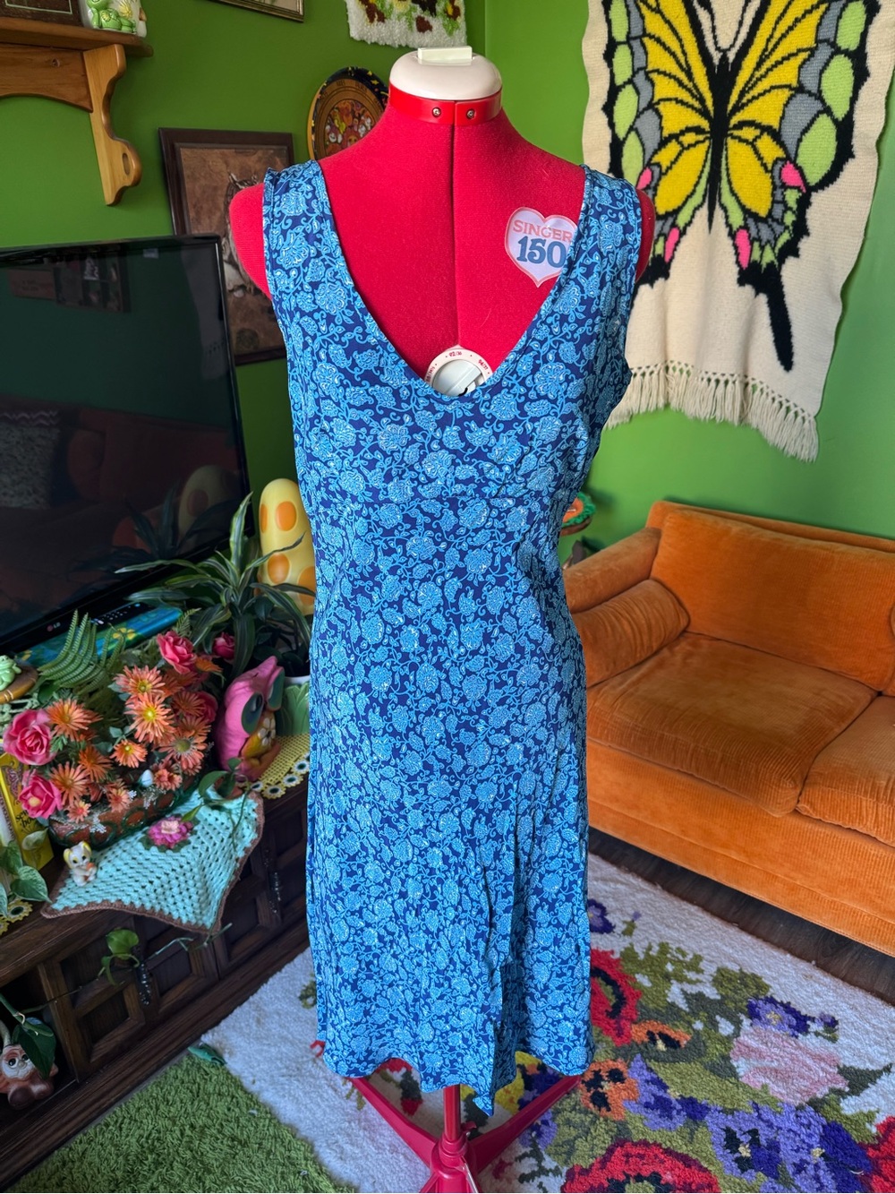 Blue Floral Midi Dress - Sleeveless V-Neck